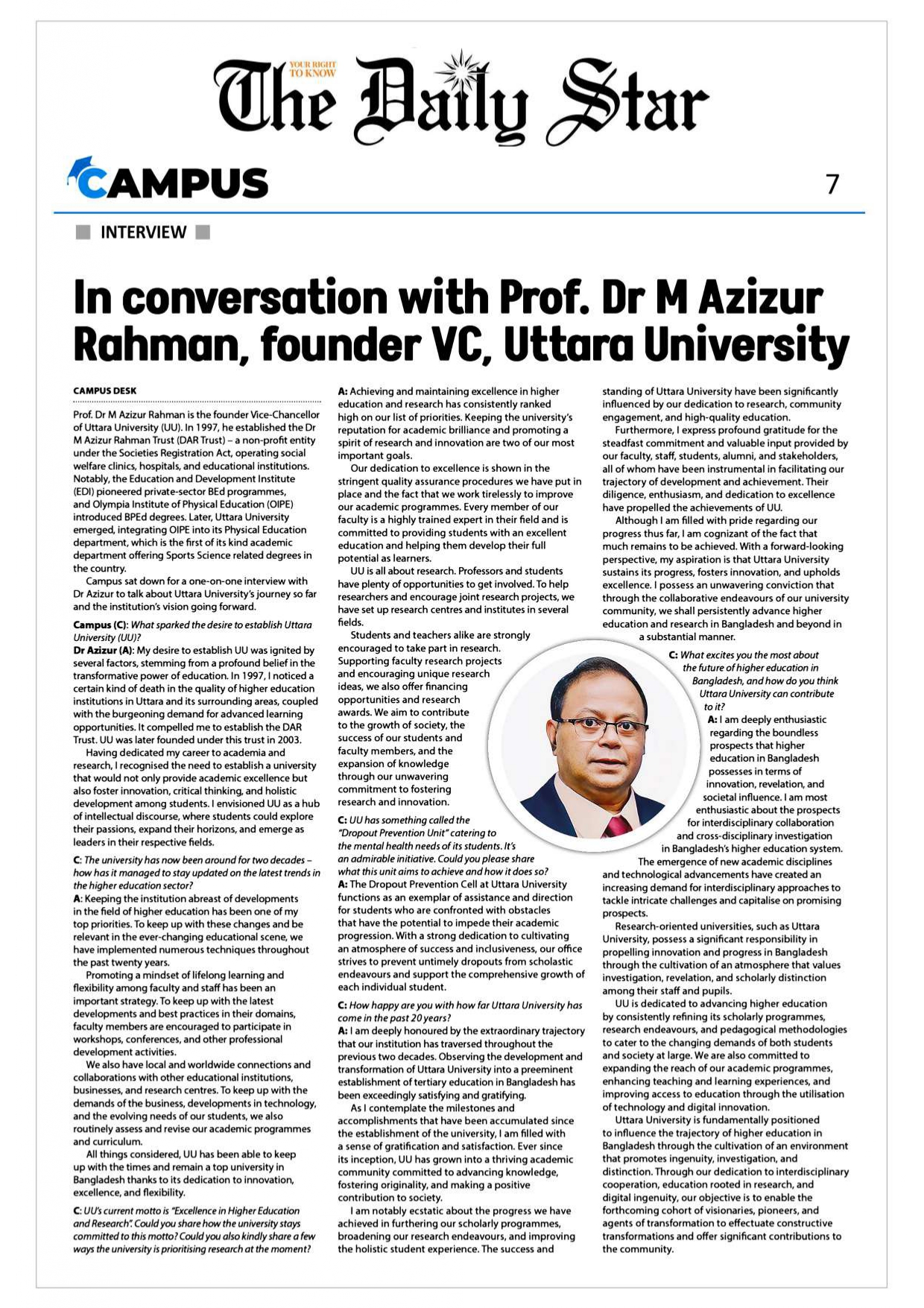 In Conversation with prof. Dr M Azizur Rahman, Founder VC, Uttara University